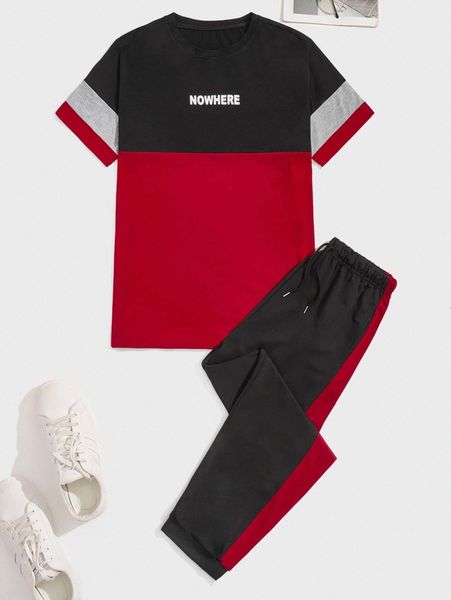 

men letter graphic color block tee & drawstring sweatpants z1ym#, Gray