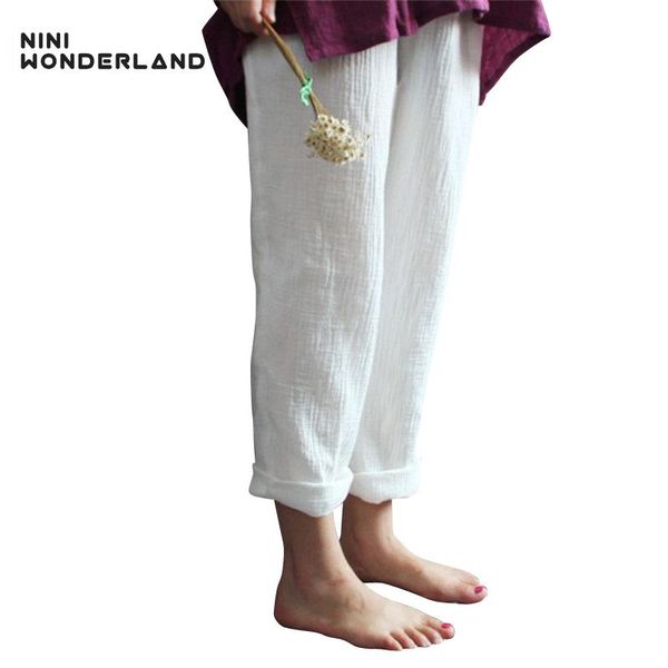 

women's pants & capris nini wonderland spring autumn women loose harem solid color elastic waist linen cotton casual trousers for femal, Black;white