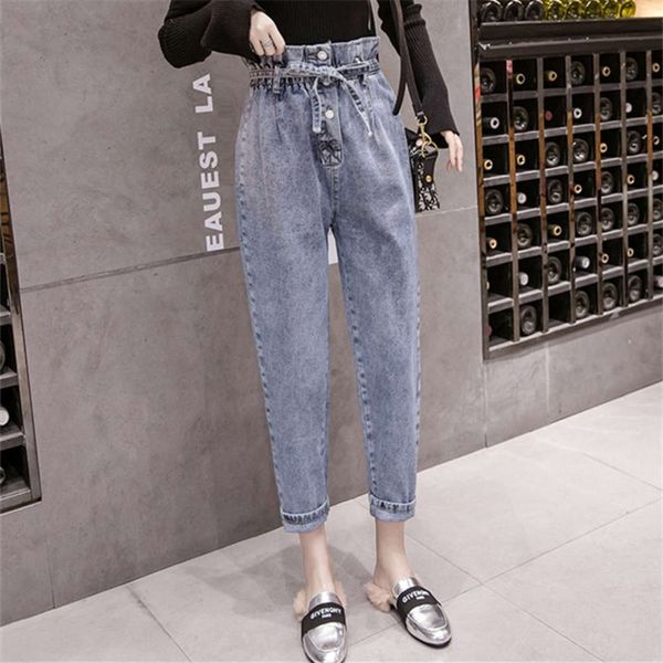 

high waist bud lace up loose style slim pants, Blue