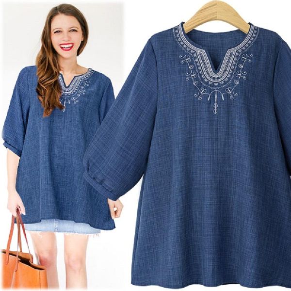 

women's t-shirt spring and summer large size loose embroidered national style middle sleeve top, White