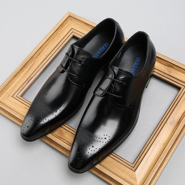 

dress shoes men's leather business soft comfortable genuine pointed toe zapatos de hombre, Black