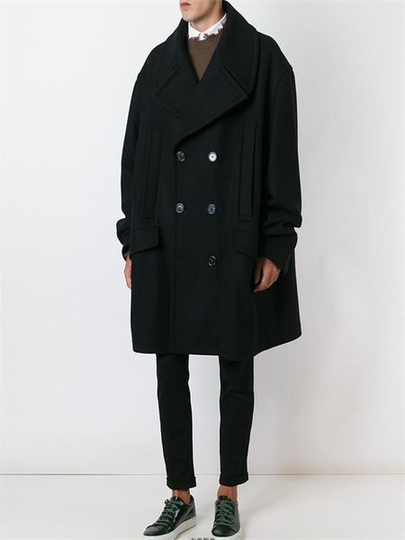 

men's trench coats autumn and winter big lapel solid color double breasted design thick loose version of woolen coat, Tan;black