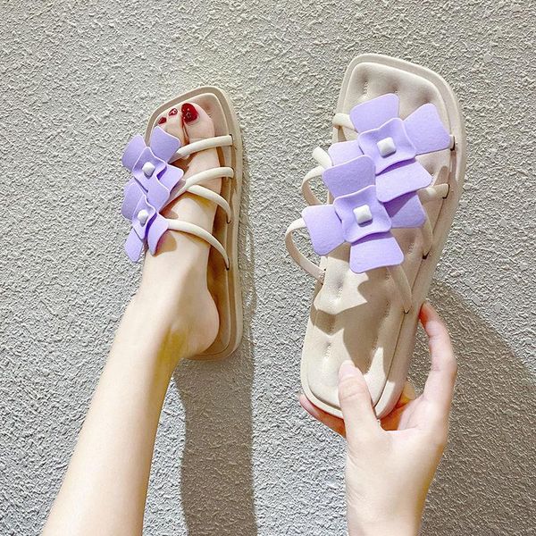 

slippers flower 2021 summer women square head slides girls soft bottom non-slip flat sandals beach shoes flip-flops 36-40, Black