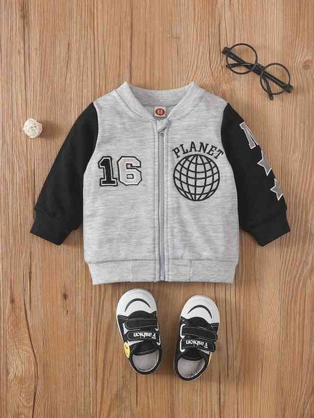

baby planet & letter embroidered bomber jacket she, Blue;gray