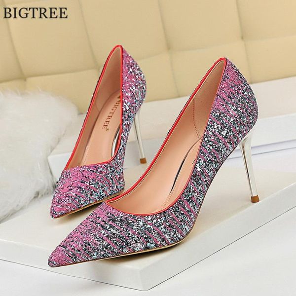 

dress shoes fashion ladies bling purple pumps 2021 women pointed toe high heels mixed colors sequined cloth wedding party woman, Black