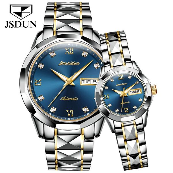 

wristwatches couple watch jsdun automatic mechanical tungsten steel waterproof clock relogio masculino gift, Slivery;brown