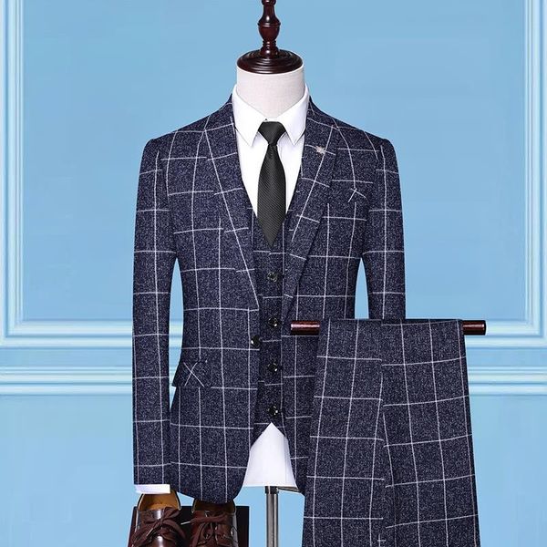 

men's suits & blazers (jackets+vest+pants) 2021 men plaid business blazers/male slim fit pure cotton three-piece suit/man groom dress s, White;black