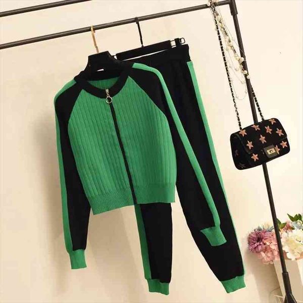 

chic striped patchwork tracksuit womens pants 2 piece set zipper cardigan knitted sweater amp stretch knit sweatpants suits, White