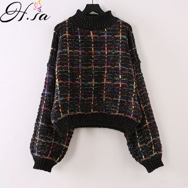 

h.sa women winter chic pullover and ladies elegant plaid crop jumpers black white korean sweater pull femme 210417, White;black