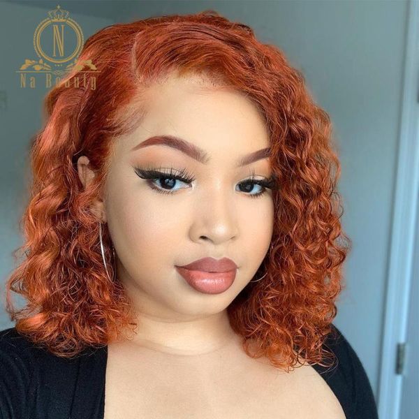 

lace wigs ginger orange 13x4 front human hair wig curly short bob glueless frontal nabeauty 180 density, Black;brown