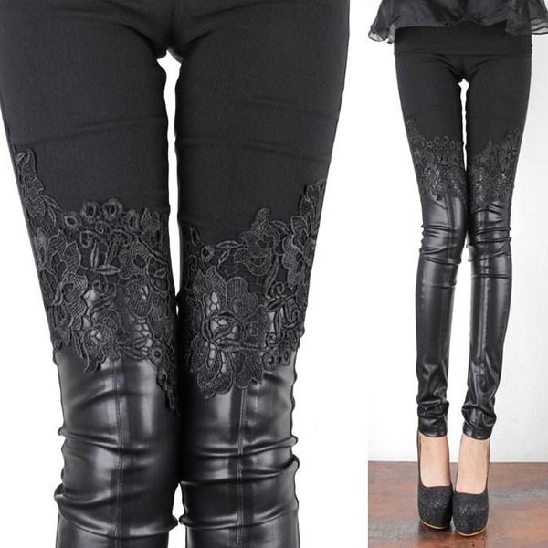 

women's pants & capris autumn winter women lace elastic waist black leggings patchwork fashion slim leather trousers pantalon, Black;white