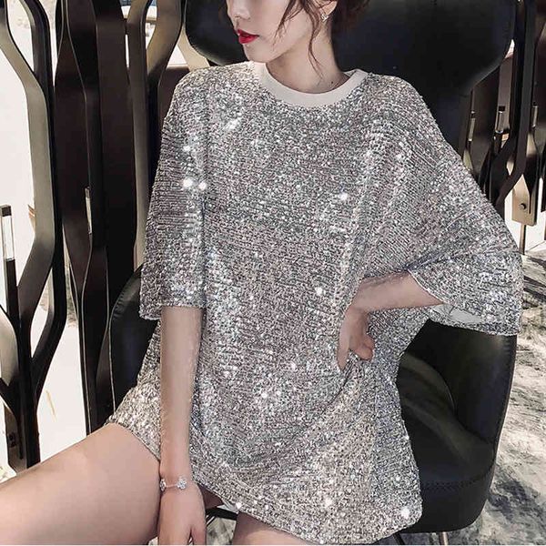

fashion women plus size spring mid-length sequined apricot black short sleeve long t-shirt skirt casual t-shirt 757c3 210420, White