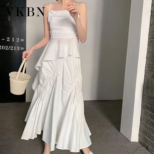 

vkbn s skirt women casual asymmetrical ankle-length white black ruched solid long skirt for women korean style 210507