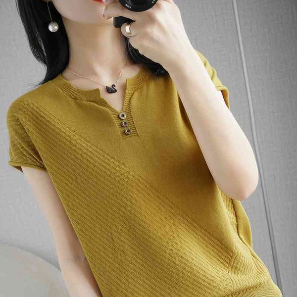 

sweaters fashion all-match cotton and linen knitted short-sleeved ladies v-neck loose large size t-shirt thin section summer pullover, White;black
