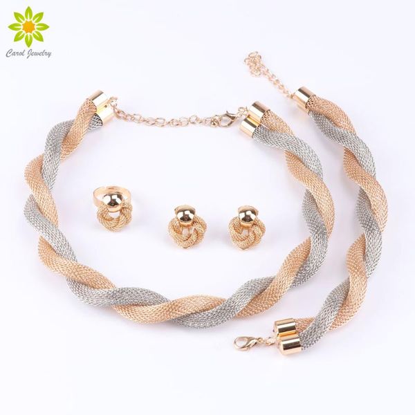 

earrings & necklace dubai african gold color exaggerated choker bracelet ring fashion wedding bridal costume jewelry sets, Silver