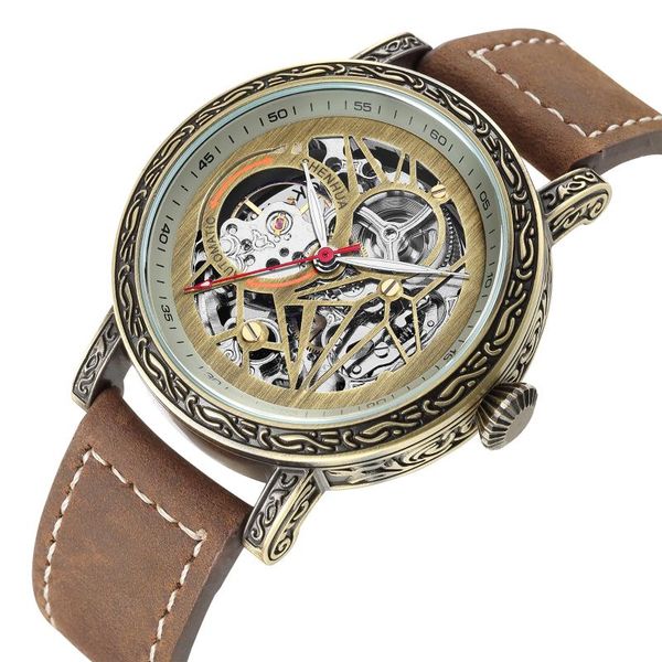 

wristwatches retro style men automatic mechanical watch self-wind bronze round dial brown strap valentine's day present reloj hombre 20, Slivery;brown