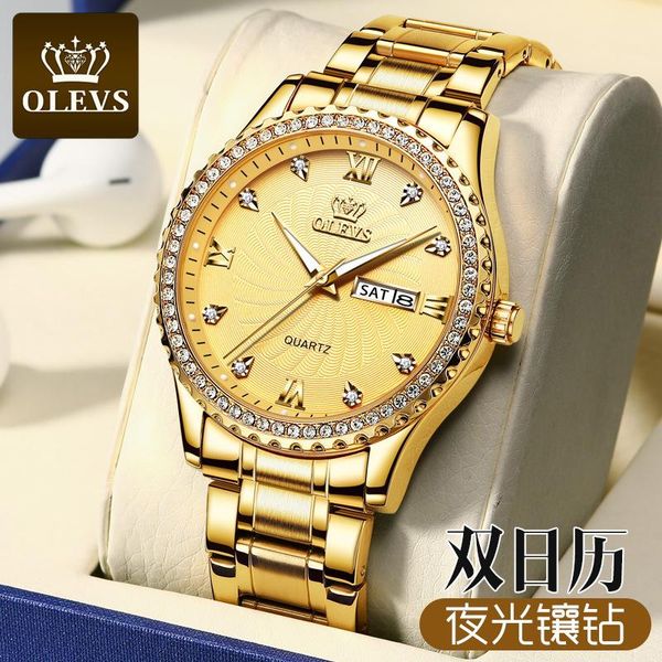

wristwatches 2021 watch business casual local gold diamond-studded steel waterproof date week men's male classic, Slivery;brown