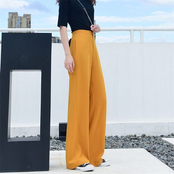Ankunft Frühling Sommer Korea Mode Rot Gelb Weiß Hohe Taille Vintage Breite Bein Hosen Lose Beiläufige Frauen Hosen M73 210512