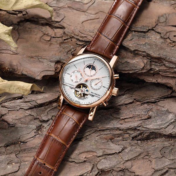 

luxury men's watches automatic mechanical tours sports clock leather band casual business pole wars hombre, Slivery;brown