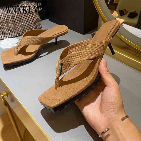 

2021 summer new design sandals female flip-flops square slippers thin high heels clip toe sandalias for girls slides, Black