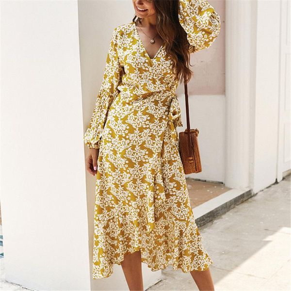 

casual dresses autumn spring fashion bohemian print 2021 dress women v-neck long sleeve a-line yellow boho midi party, Black;gray