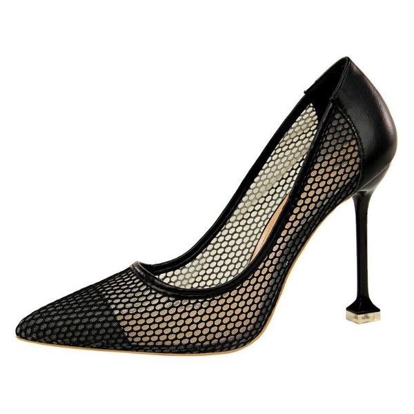 

women pumps 10cm high heels fine with heel shallow mouth pointed nightclub thin mesh hollow shoes bigtree dress, Black