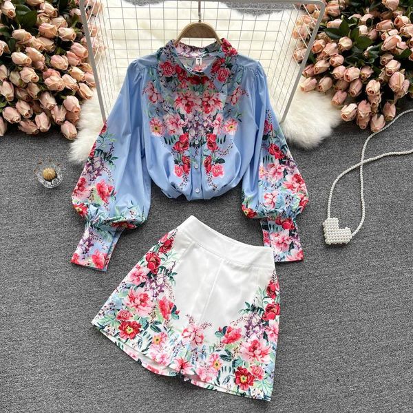 

two piece dress ladies temperament suit 2021 shirt design sense printing contrast color all-match high-waisted wide-leg shorts, White