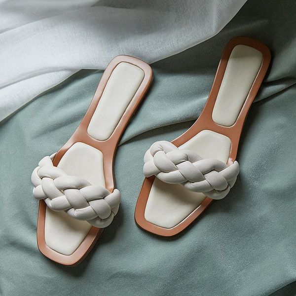 

brand designer summer outdoor slipper women slides square toe weave low heel slippers beach flat sandals, Black