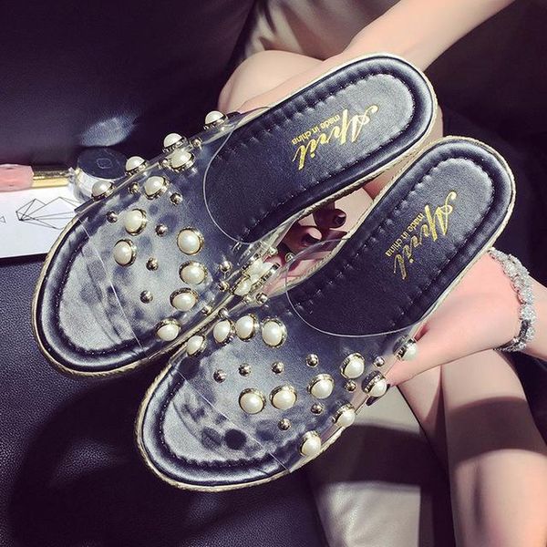 

slippers xiaying smile fashionable wild wear sponge cake thick bottom waterproof platform pearl transparent wedge, Black