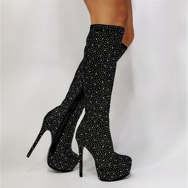 

boots black woman strass bling boots long platform finger round foot thin heels at knee high mrs 100% actual pos of gout ship xysz