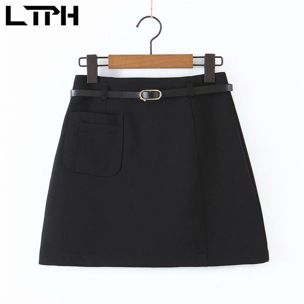 

chic korean high waist package hip skirt black casual all-match sashes with single pockets women skirts summer 210427