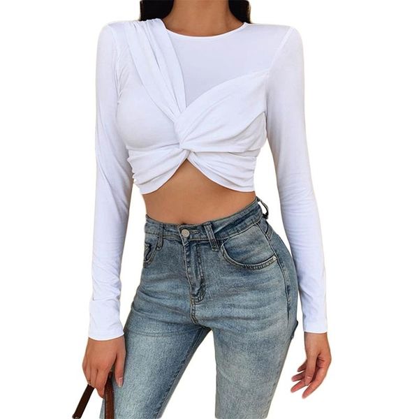 

women's t-shirt twist bowknot t-shirts women long sleeve crop autumn undershirt round neck solid color slim short tees, White