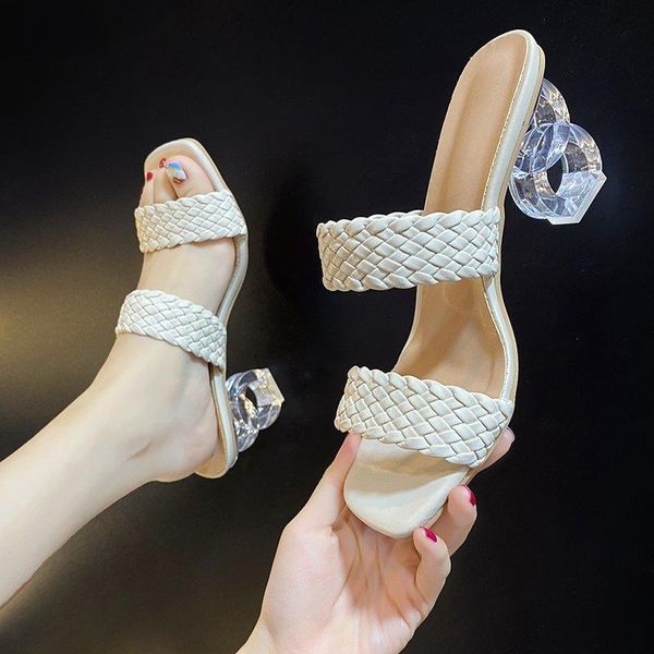 

sandals 2021 summer women mules design slippers sandal slides braided cord 7cm transparent fretwork heels shoes female, Black