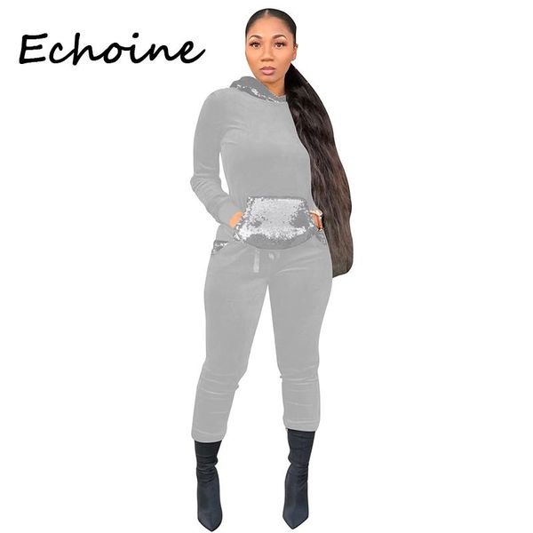 

two piece dress casual velvet sequin pieces set with pocket jogging femme hooded crop + long pants autumn and winter outfit, White