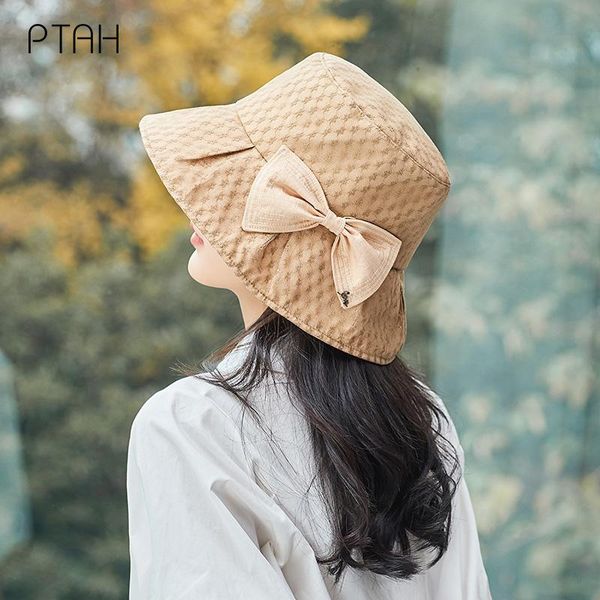 

wide brim hats [ptah] fashion bucket women's upf 50+ cloth foldable windproof rope breathable sun protection cap female, Blue;gray
