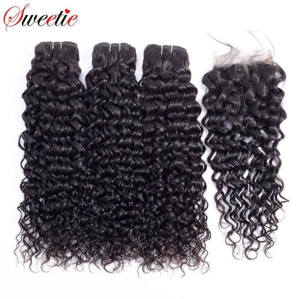 

human hair bulks sweetie water wave bundles with closure brazilian weave non-remy 3 lace, Black
