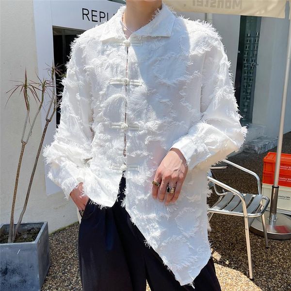 

men's casual shirts men chinese style button asymmetric design long sleeve loose shirt cardigan male streetwear vintage dress, White;black