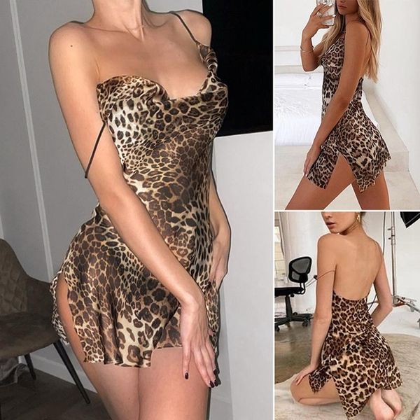 

women party dress leopard print backless strap dresses female side open streetwear elegant casual, Black;gray