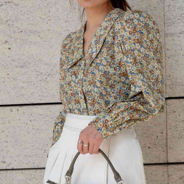 

sweet print blouse women turn down collar single breasted pastorable blusas mujer spring elegant female shirts 210514, White