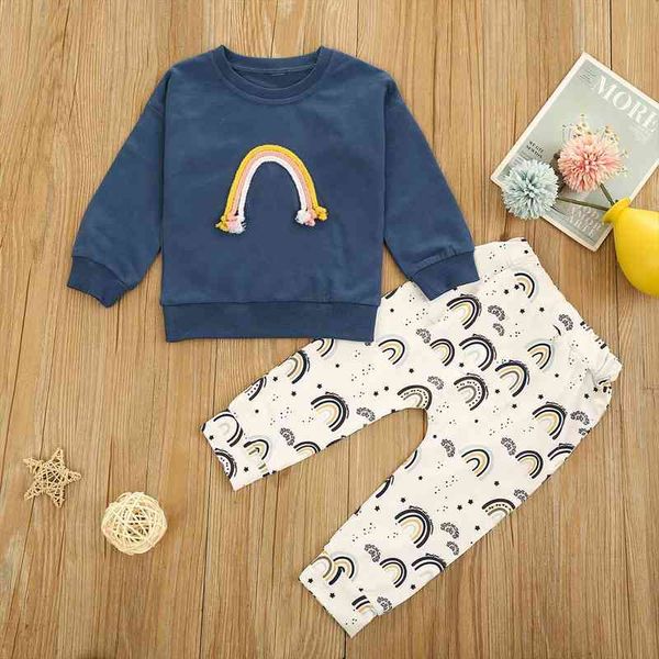 

toddler baby girls fall clothes cotton casual long sleeve rainbow pullover sweatshirt and pants 2pcs kids outfits set, White