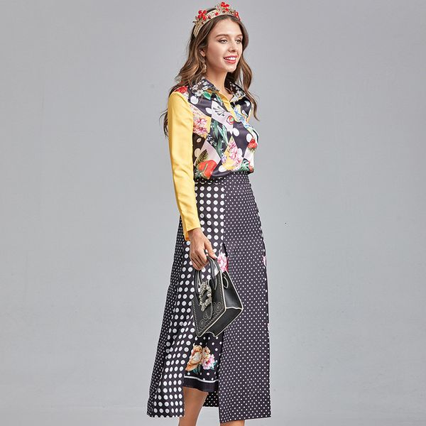 

two piece dress women's fashion runway vacation clothes two parts floral spring printing blouse and dot skirt suit matching sets vintag, White