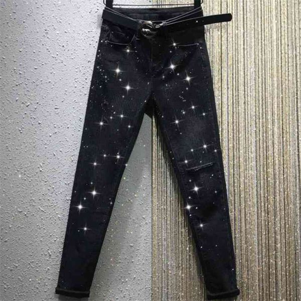 

spring autumn heavy work drilling high waist hole casual stretch straight jeans women 210708, Blue