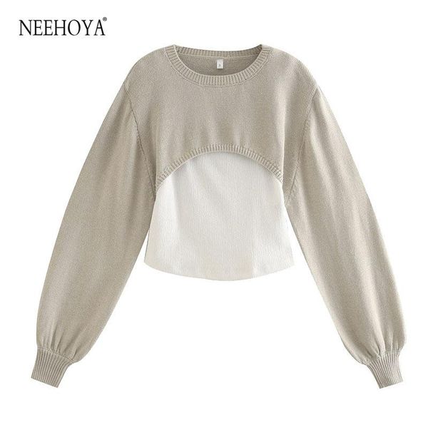 

women's sweaters women 2021 fashion with straps patchwork cropped knitted sweater vintage o neck long sleeve pullovers chic, White;black