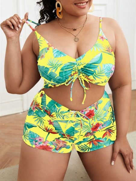 

plus plant print tie front bikini swimsuit p24y#, Black