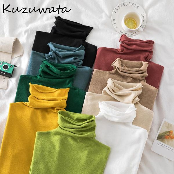 

women's t-shirt kuzuwata candy color fresh turtleneck knit t shirt casual simple long sleeve bottoming tee spring autumn slim fit pullo, White