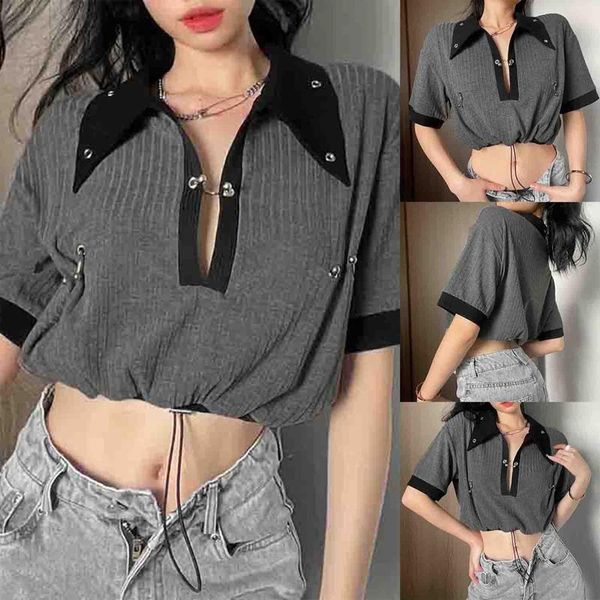 

women's t-shirt harajuku casual short sleeve cropped t shirt women patchwork v neck summer fashion ladies drawstring korean, White