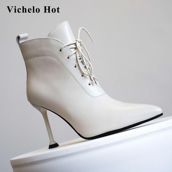 

boots vichelo french romantic real cow leather noble high street fashion nightclub pointed toe thin heel zip ankle l32, Black