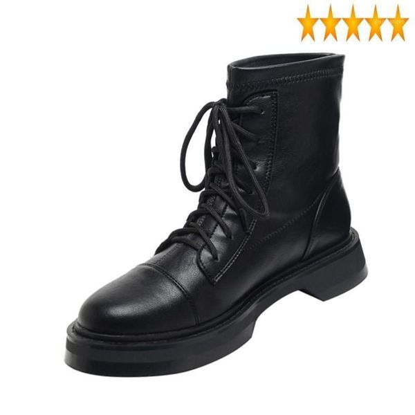 

boots women leather motorcycle ankle fashion lace up high stretchy safety riding shoes casual low heel footwear female1, Black