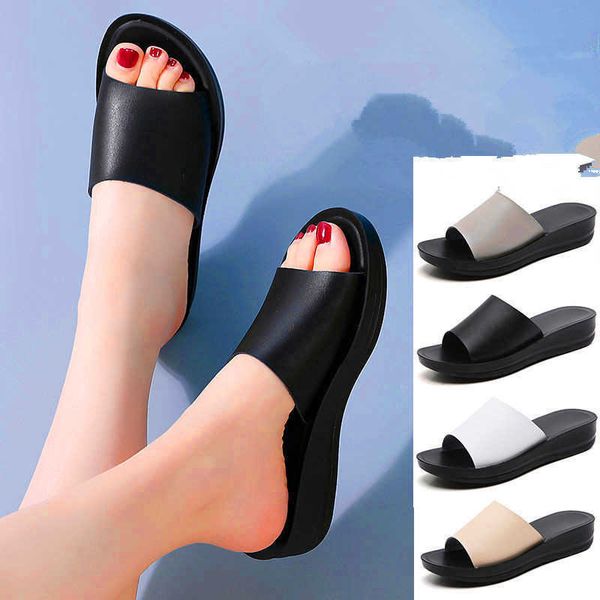 

Summer Home Slippers Simple Solid Plarform Shoes Non-slip Indoor Bathroom Soft Sole Women Genuine Leather Slides Flip Flops H0827, Beige