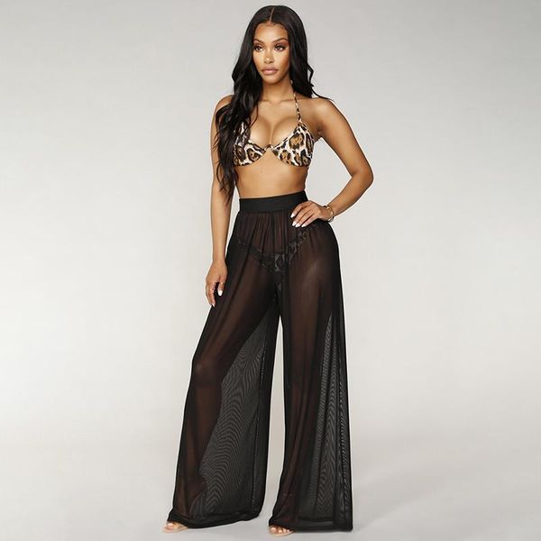 

womens transparent wide leg pants boho beach mesh sheer cover up high waist trousers loose women's & capris, Black;white
